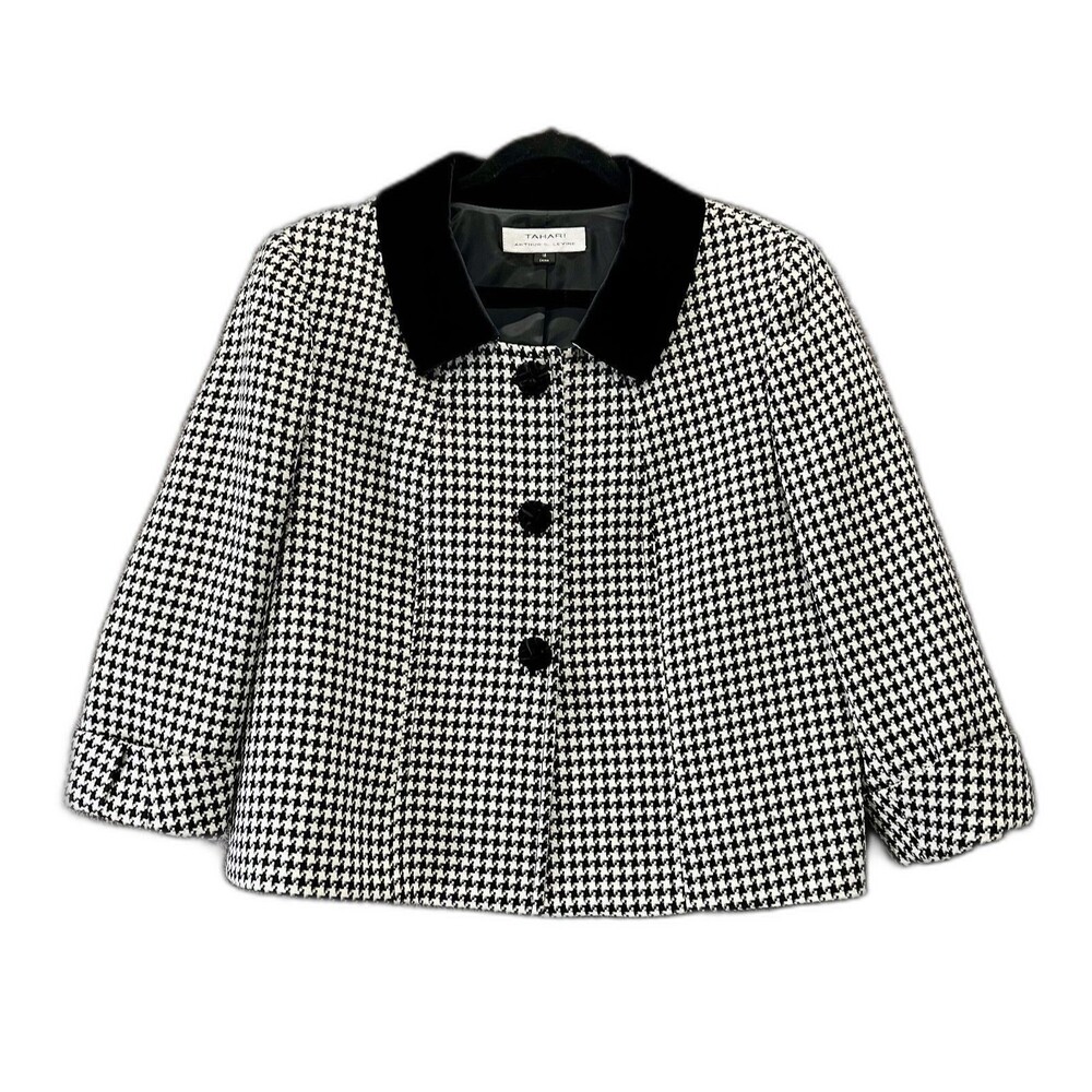 Black & White Houndstooth Womens Blazer Size 16 3/4 Sleeves Velvet Collar